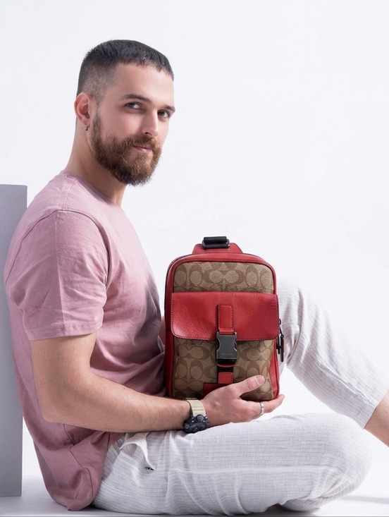 Coach Handbags - Coach Brown Signature Canvas and Red Leather Belt Bag for